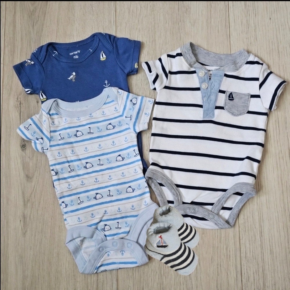Carter's Newborn Nautical Themed Bodysuit Trio w/ Nautical Booties